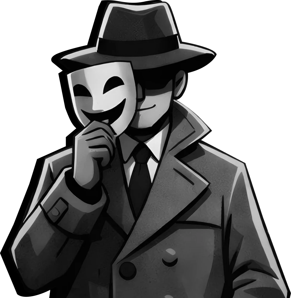 Lie & Spy — a spy in a trench coat holding up a smiling mask. Coming soon.